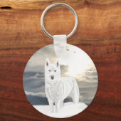 Blue eyed, white Husky, in snow キーホルダー (正面)