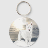 Blue eyed, white Husky, in snow キーホルダー (裏面)