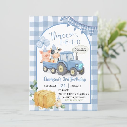 Blue Farm Animals Three-i-e-i-o 3rd Birthday 招待状 (スタンド正面)