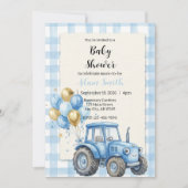 Blue Farm Tractor Boy Baby Shower 招待状 (正面)