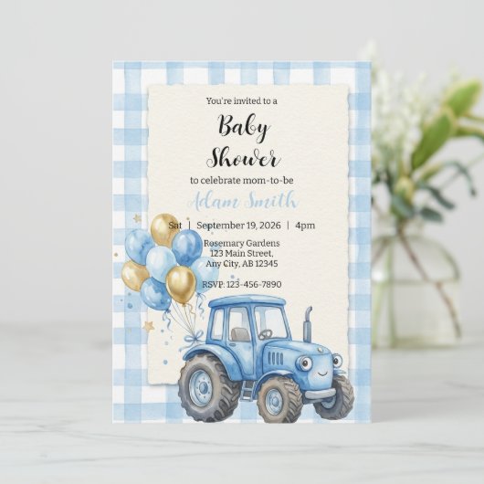 Blue Farm Tractor Boy Baby Shower 招待状 (スタンド正面)
