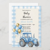 Blue Farm Tractor Boy Baby Shower 招待状 (正面/裏面)
