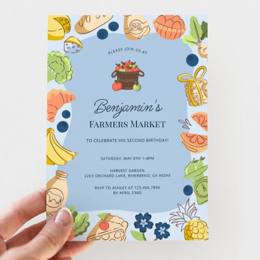 Blue Farmers Market Organic Farm Fresh Birthday 招待状
