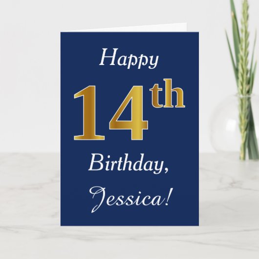 Blue, Faux Gold 14th Birthday + Custom Name カード (正面)