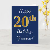 Blue, Faux Gold 20th Birthday + Custom Name カード (黄色い花)