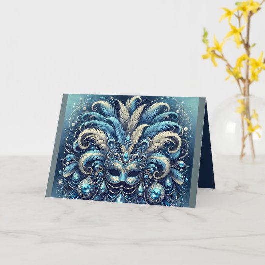 Blue Feather Masquerade Mask Illustration カード (黄色い花)