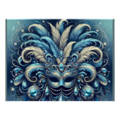 Blue Feather Masquerade Mask Illustration ポスター (正面)