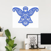 Blue Filigree Angel Silhouette Ornate Lace ポスター (ホームオフィス)