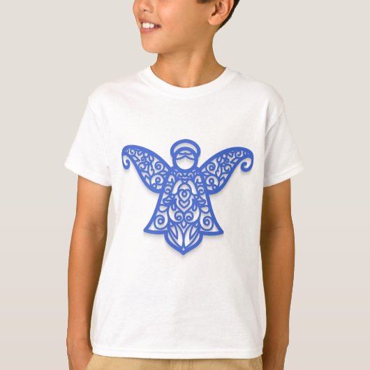 Blue Filigree Angel Silhouette Ornate Lace Tシャツ (正面)