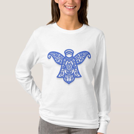 Blue Filigree Angel Silhouette Ornate Lace Tシャツ (正面)