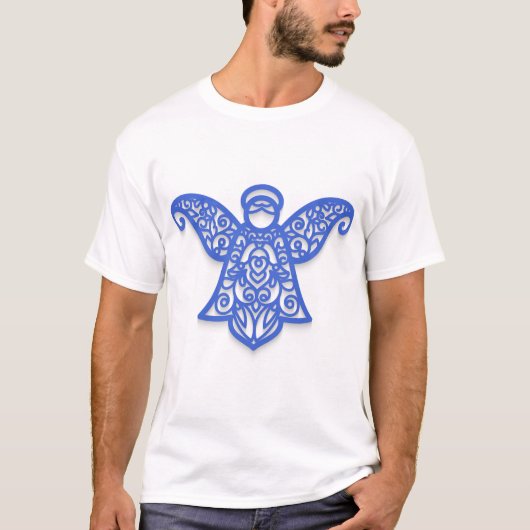 Blue Filigree Angel Silhouette Ornate Lace Tシャツ (正面)