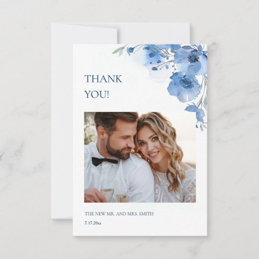 Blue Fine Art Flowers Wedding Thank You Card サンキューカード (正面)