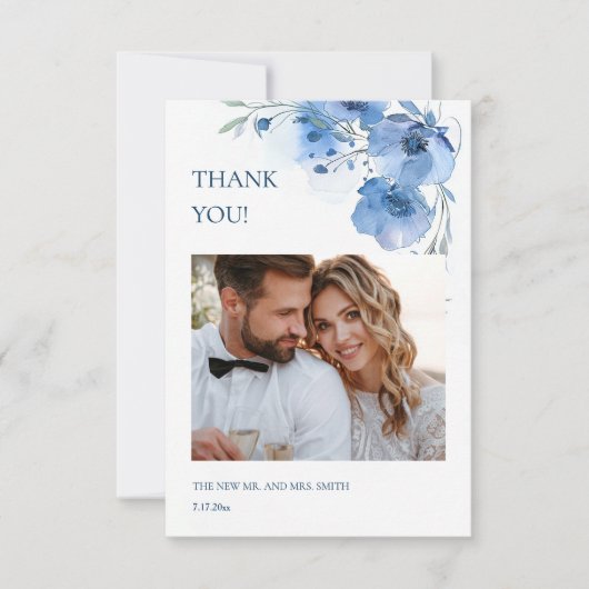 Blue Fine Art Flowers Wedding Thank You Card サンキューカード (正面)