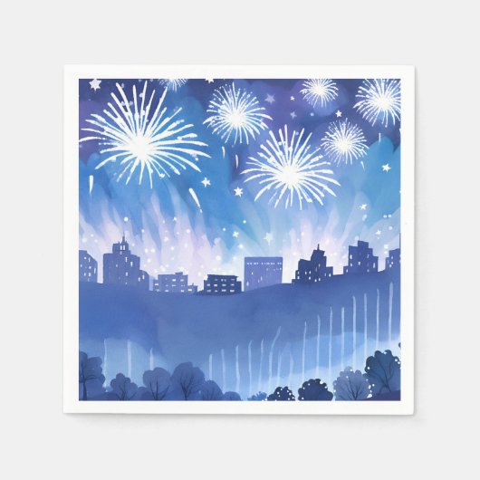 Blue Firework Display | Fireworks Watercolor スタンダードカクテルナプキン (正面)