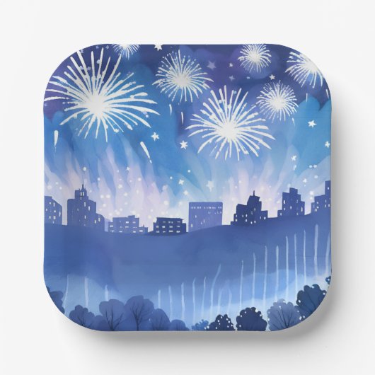 Blue Firework Display | Fireworks Watercolor ペーパープレート (正面)