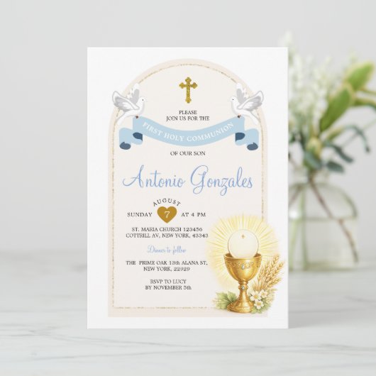 Blue First Holy Communion Invitation 招待状 (スタンド正面)