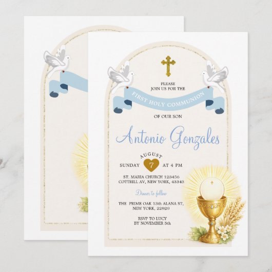 Blue First Holy Communion Invitation 招待状 (正面/裏面)