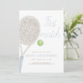 Blue First Match Tennis Birthday Invitation サンキューカード (スタンド正面)