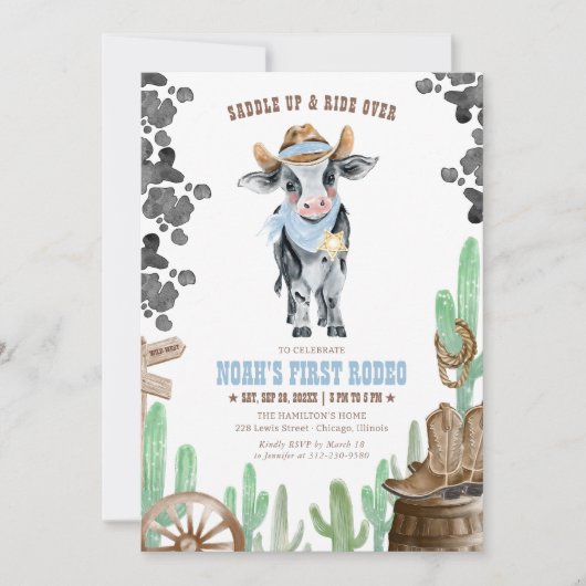 Blue First Rodeo 1st Birthday Invitation, Boy Cow  招待状 (正面)