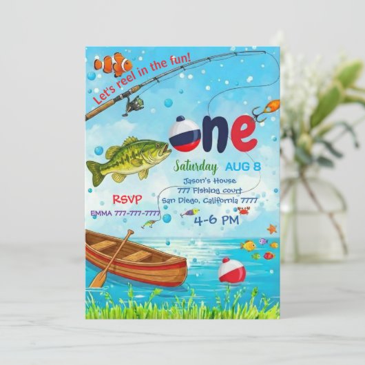Blue Fish Boat Ofishally One 1st Birthday Invitati 招待状 (スタンド正面)