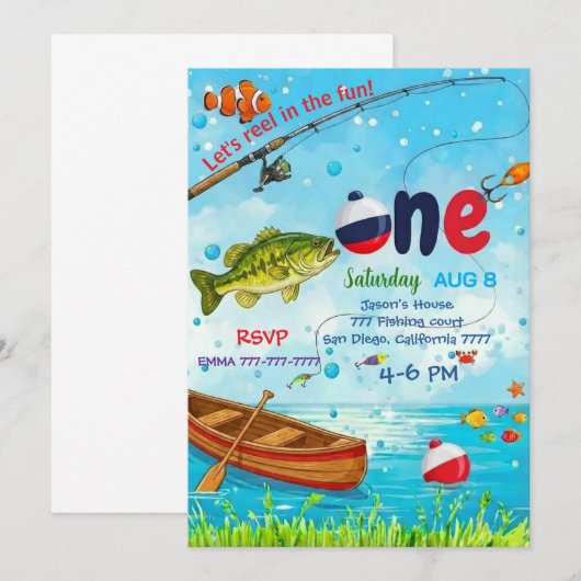 Blue Fish Boat Ofishally One 1st Birthday Invitati 招待状 (正面/裏面)