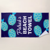 Blue fish kid's beach towel with custom name ビーチタオル (正面)