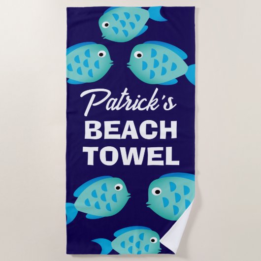 Blue fish kid's beach towel with custom name ビーチタオル (正面)