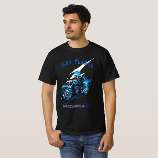Blue Flames Motorcycle Design | Skull Rider Tシャツ (正面フル)