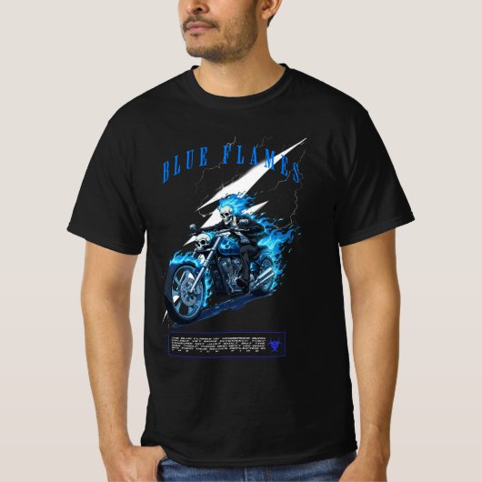 Blue Flames Motorcycle Design | Skull Rider Tシャツ (正面)