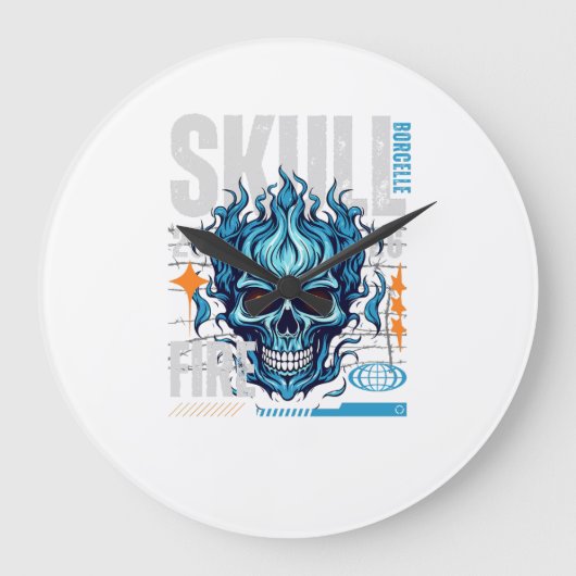 Blue Flaming Skull Streetwear Design | Cyberpunk G ラージ壁時計 (正面)