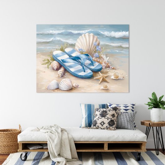 Blue Flip Flops Seashells Coastal Beach Summer Art ポスター