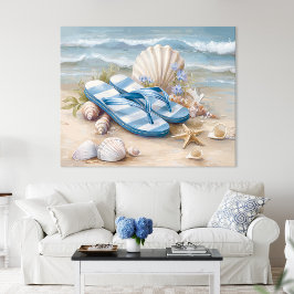 Blue Flip Flops Seashells Coastal Beach Summer Art ポスター