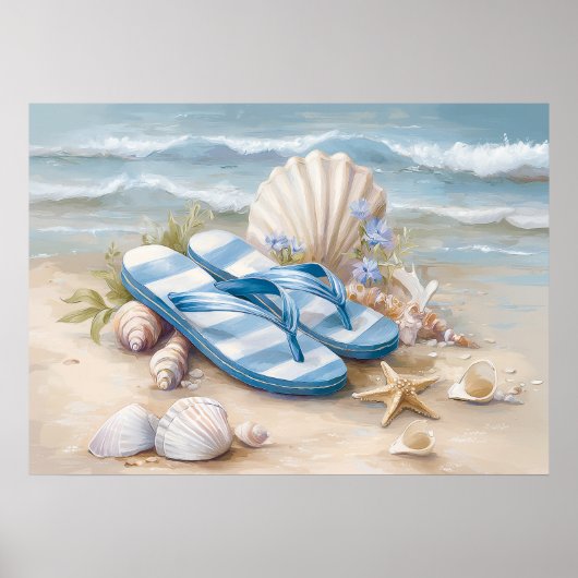 Blue Flip Flops Seashells Coastal Beach Summer Art ポスター (正面)