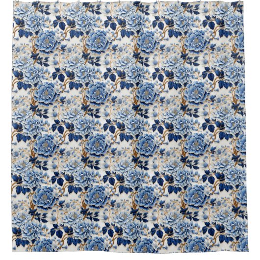 Blue Floral  シャワーカーテン (正面)