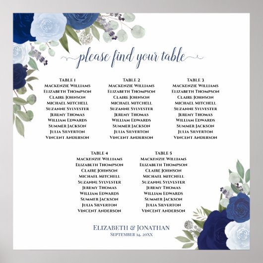 Blue Floral 5 Table Elegant Wedding Seating Chart ポスター (正面)