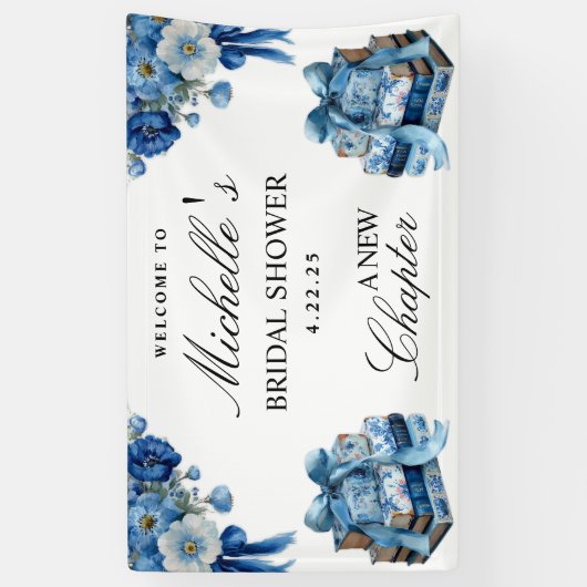Blue Floral A New Chapter Bridal Shower Banner 横断幕 (縦)