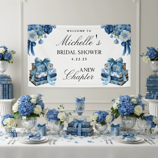 Blue Floral A New Chapter Bridal Shower Banner 横断幕