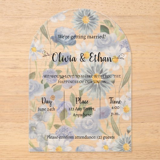 Blue Floral Acrylic Wedding Invitation アクリル招待状 (正面)