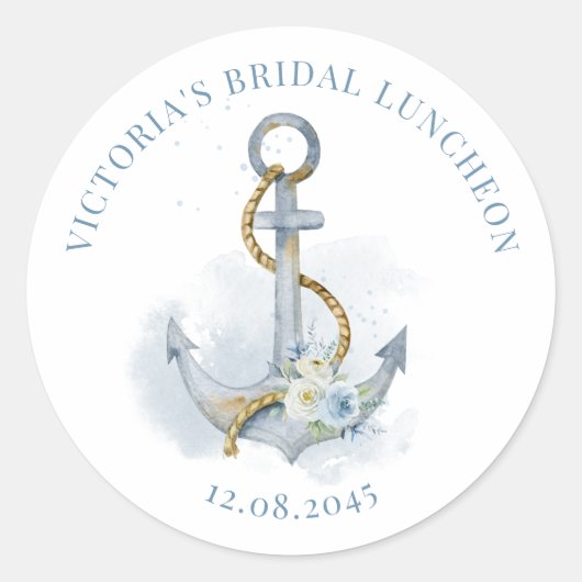 Blue Floral Anchor Nautical Bridal Luncheon ラウンドシール (正面)