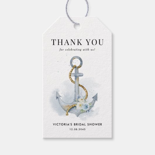 Blue Floral Anchor Nautical Bridal Shower ギフトタグ (正面)
