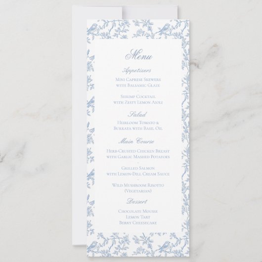 Blue Floral and Bird Toile Wedding Menu Card セーブザデート (正面)