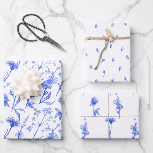 Blue Floral And Botanical Flowers Pattern Papers ラッピングペーパーシート (正面)