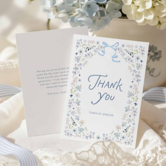 Blue Floral and Bow Bridal Shower Thank you  サンキューカード
