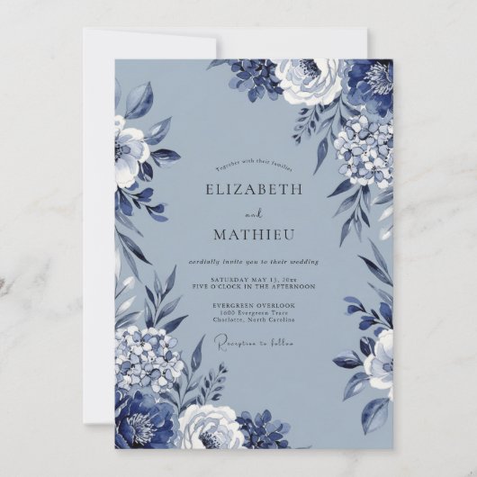 Blue Floral Artistic Flourish Wedding 招待状 (正面)