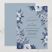Blue Floral Artistic Flourish Wedding 招待状 (正面/裏面)