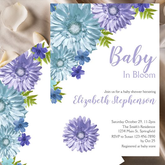 Blue Floral Baby In Bloom Floral Baby Shower 招待状