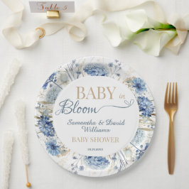 Blue Floral Baby in Bloom Garden Baby Shower Party ペーパープレート