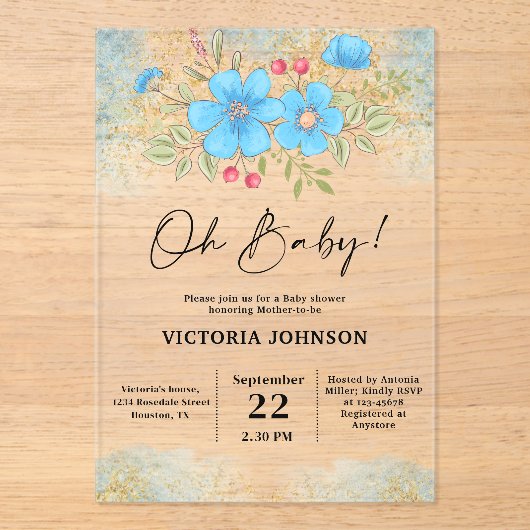 Blue Floral Baby Shower アクリル招待状 (正面)