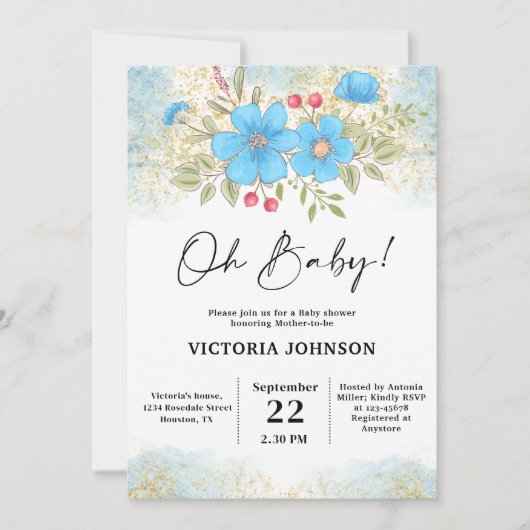 Blue Floral Baby Shower 招待状 (正面)