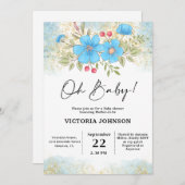 Blue Floral Baby Shower 招待状 (正面/裏面)